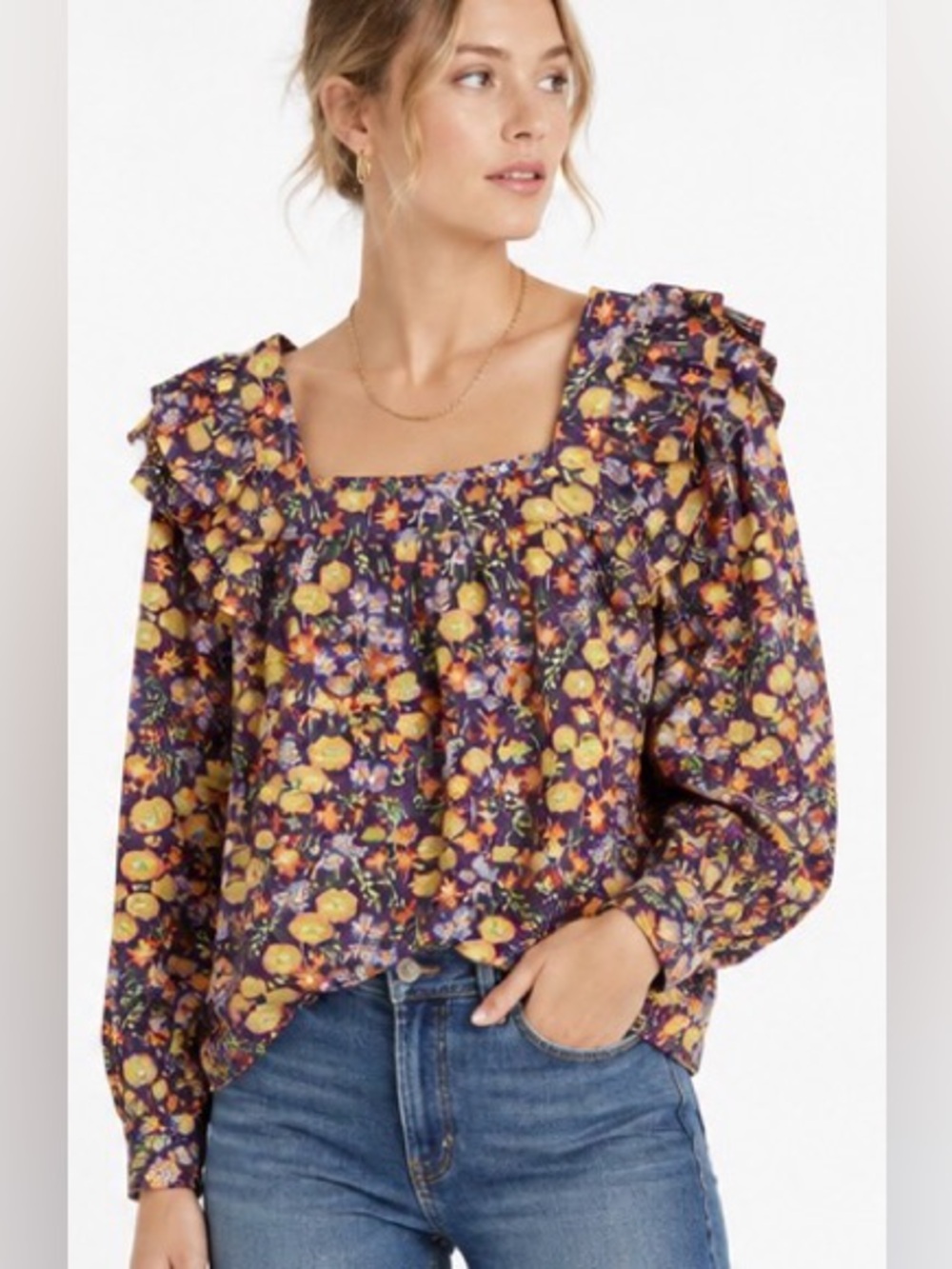 Entro NWOT Floral Ruffle Shoulder Square Neck Blouse Sample Purple